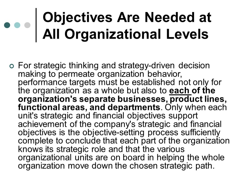 Objectives Are Needed at All Organizational Levels For strategic thinking and strategy-driven decision making